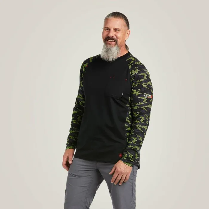 Men TShirts and Polos Ariat FR Stretch Camo Baseball TShirt Blacklime Camo