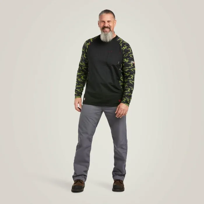 Men TShirts and Polos Ariat FR Stretch Camo Baseball TShirt Blacklime Camo Men TShirts and Polos Ariat FR Stretch Camo Baseball TShirt Blacklime Camo