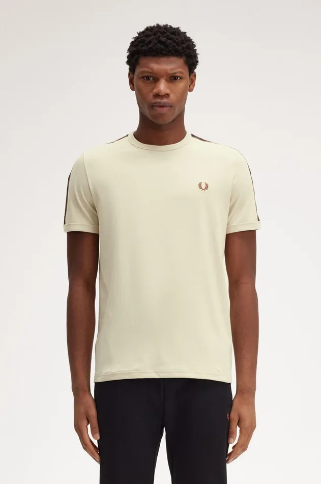 Men TShirts Fred Perry Contrast Tape Ringer TShirt Oatmealwhisky Brown