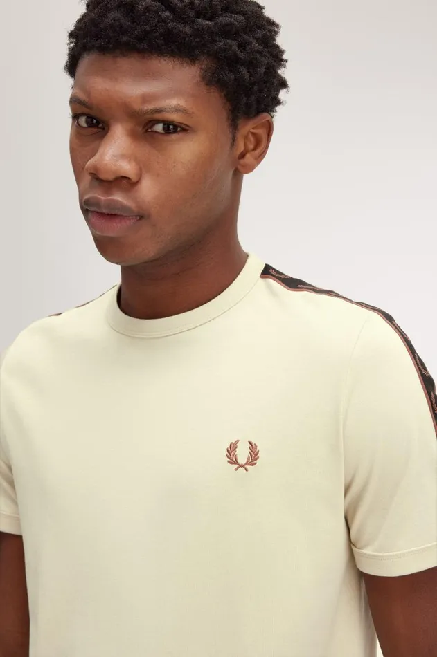 Men TShirts Fred Perry Contrast Tape Ringer TShirt Oatmealwhisky Brown
