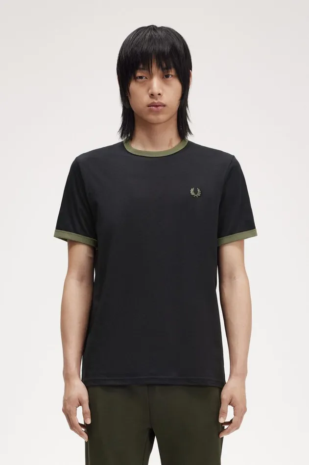 Men TShirts Fred Perry Ringer TShirt Blacklaurel Wreath Green