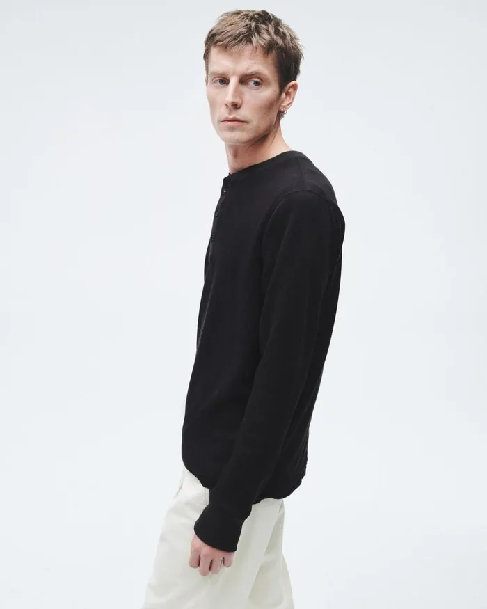 Men TShirts Rag 038 Bone Lightweight Waffle Henley Black