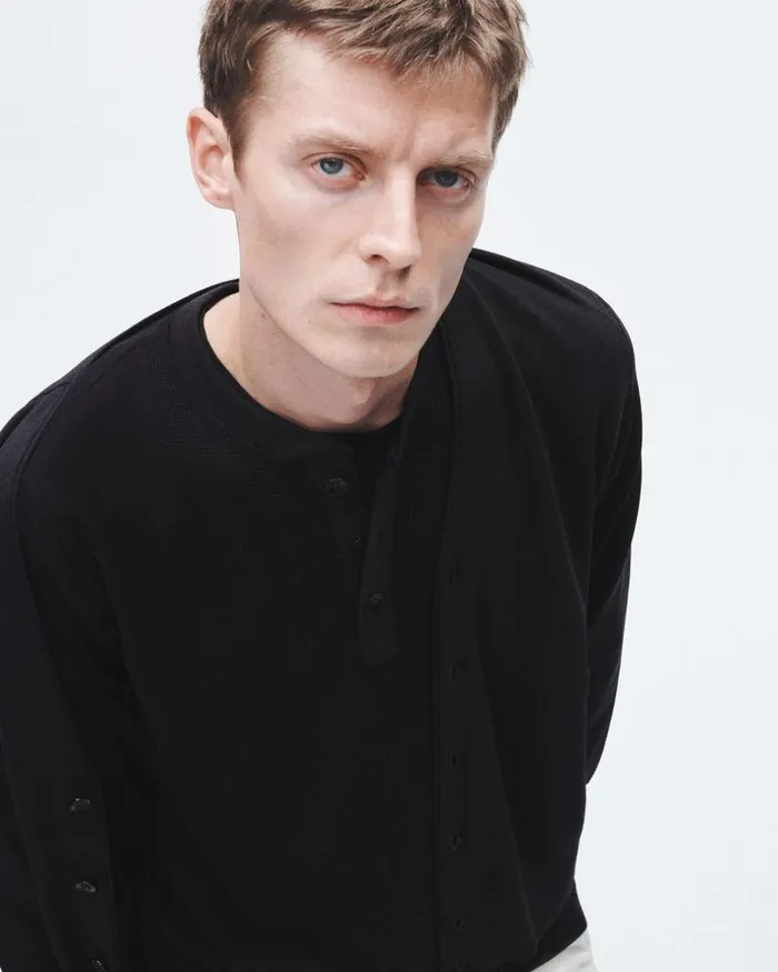 Men TShirts Rag 038 Bone Lightweight Waffle Henley Black