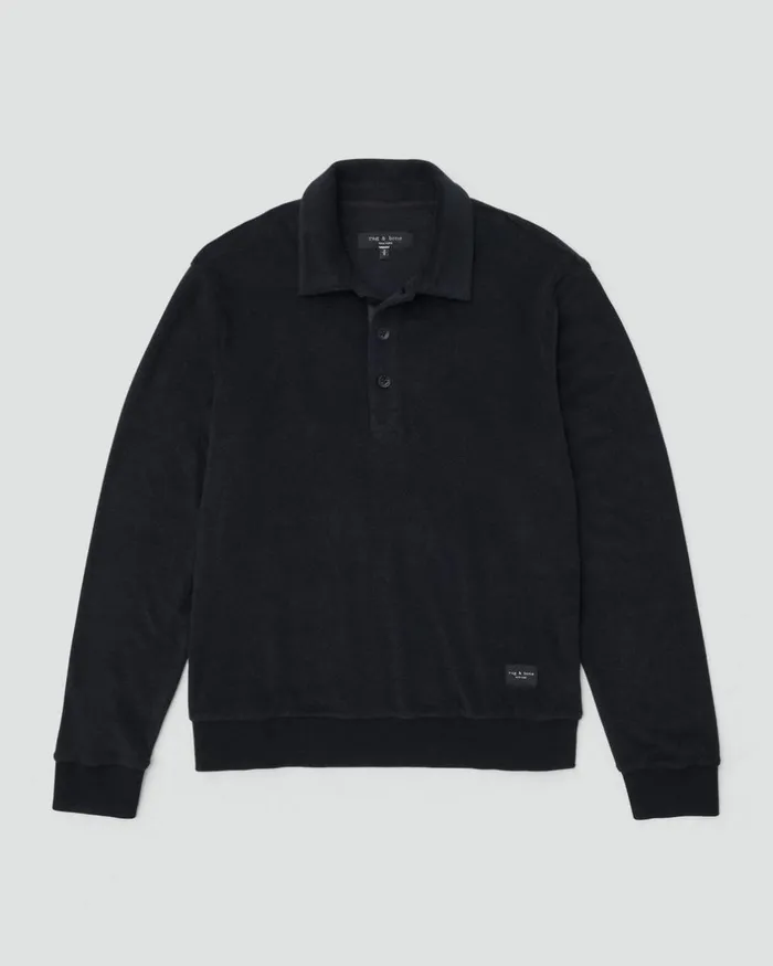 Men TShirts Rag 038 Bone Toweling Long Sleeve Polo Black