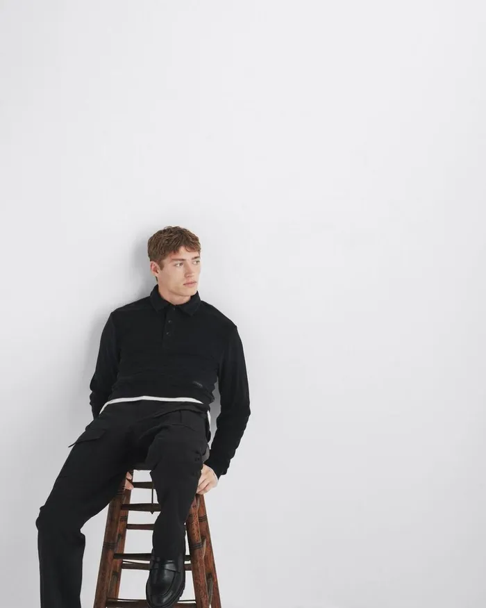 Men TShirts Rag 038 Bone Toweling Long Sleeve Polo Black