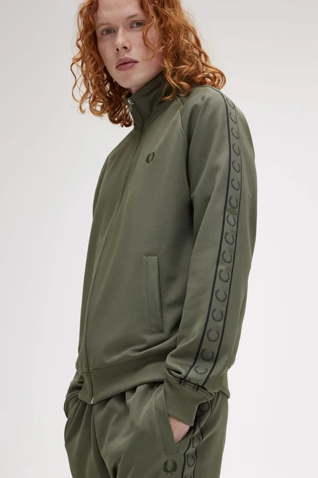 Men Tracksuits Fred Perry Contrast Tape Track Jacket Laurel Wreath Greennight Green