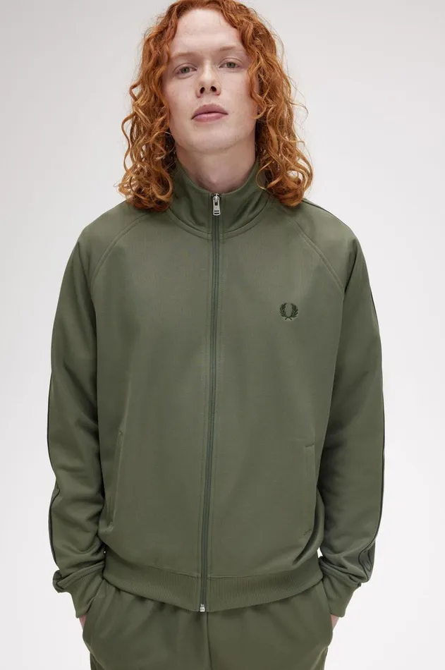 Men Tracksuits Fred Perry Contrast Tape Track Jacket Laurel Wreath Greennight Green
