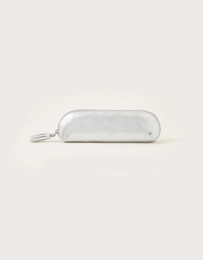 Metallic Leather Pencil Case Silver Women Monsoon Bags and Purses