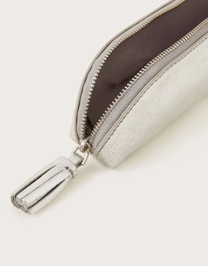 Metallic Leather Pencil Case Silver Women Monsoon Bags and Purses