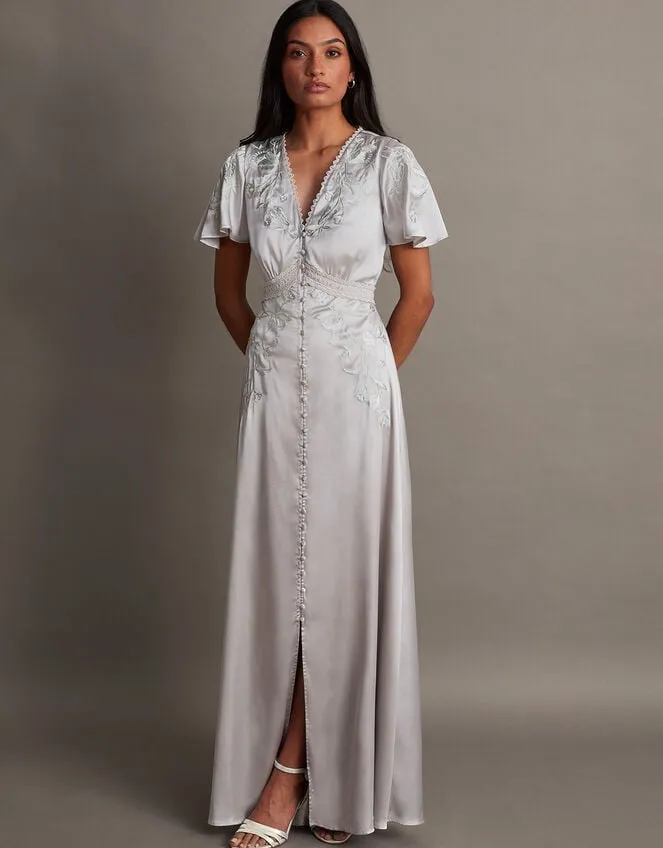 Mia Satin Embroidered Maxi Dress Silver Women Monsoon Occasionwear