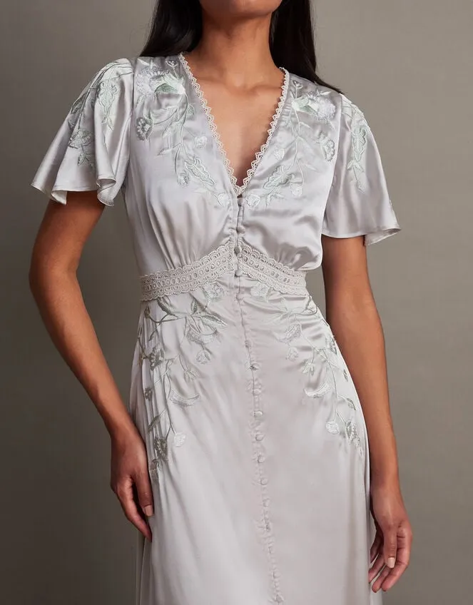 Mia Satin Embroidered Maxi Dress Silver Women Monsoon Occasionwear