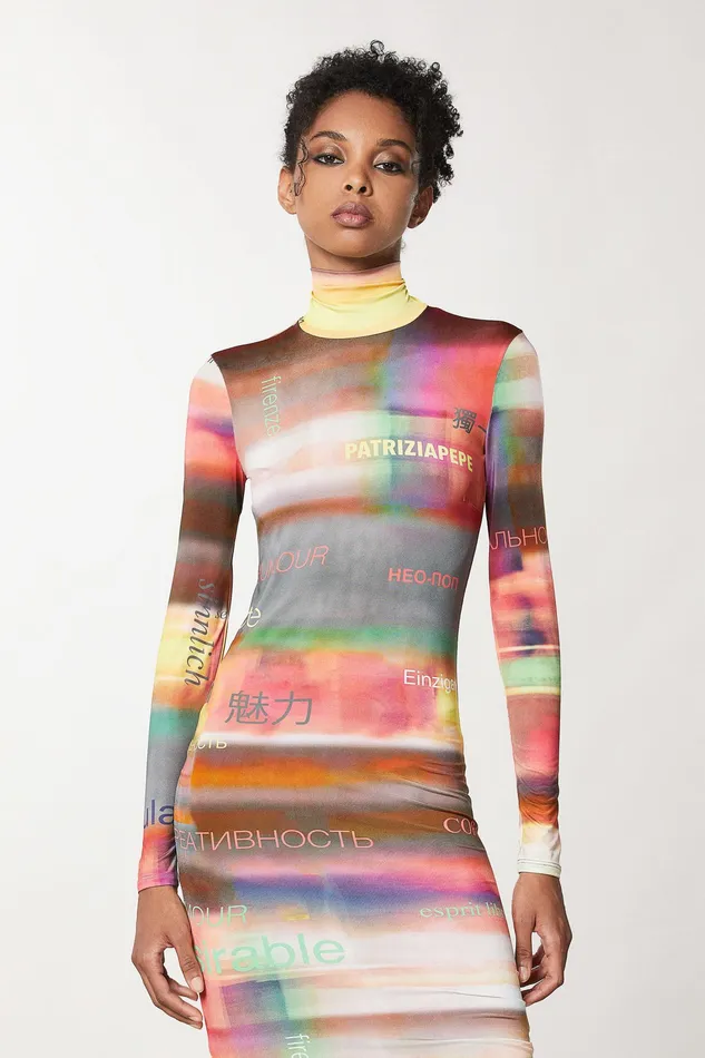 Midi Women Patrizia Pepe Glossy Dress With Slogan Print Multicolor Slogan