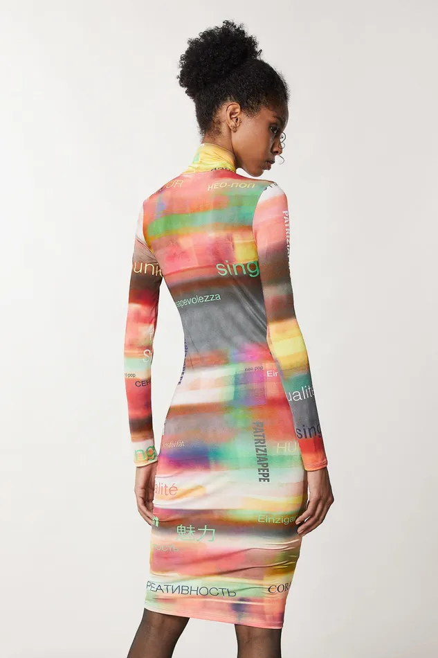 Midi Women Patrizia Pepe Glossy Dress With Slogan Print Multicolor Slogan