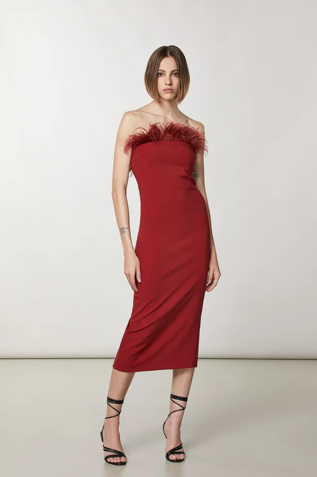 Midi Women Patrizia Pepe Midi Sheath Dress With Feathers Martian Red