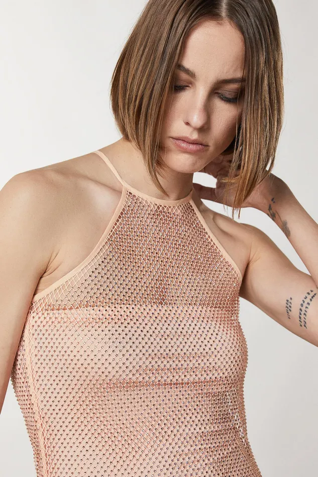 Midi Women Patrizia Pepe Sleeveless Rhinestone Mesh Dress Astral Blush