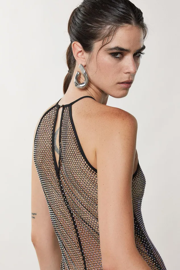 Midi Women Patrizia Pepe Sleeveless Rhinestone Mesh Dress Nero