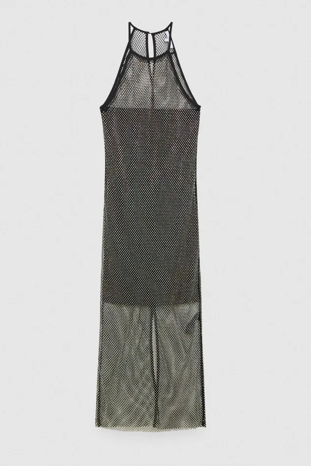 Midi Women Patrizia Pepe Sleeveless Rhinestone Mesh Dress Nero
