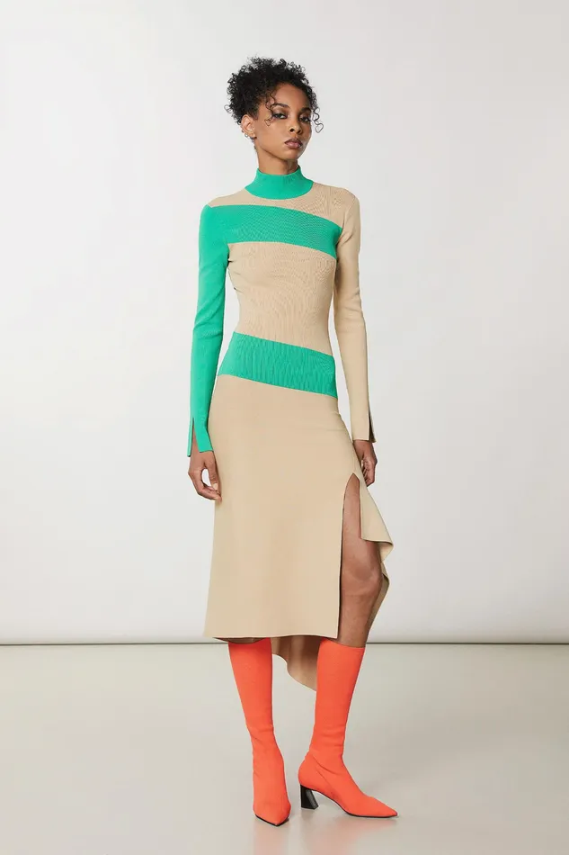 Midi Women Patrizia Pepe TwoTone Asymmetrical Dress Craft Beige and Green