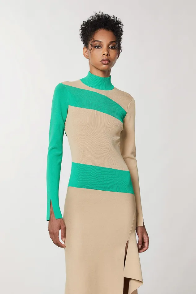 Midi Women Patrizia Pepe TwoTone Asymmetrical Dress Craft Beige and Green