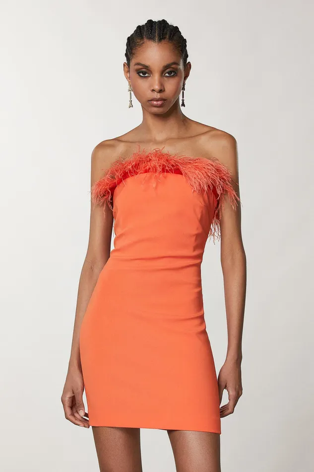 Mini Women Patrizia Pepe Mini Sheath Dress With Feathers Solar Orange