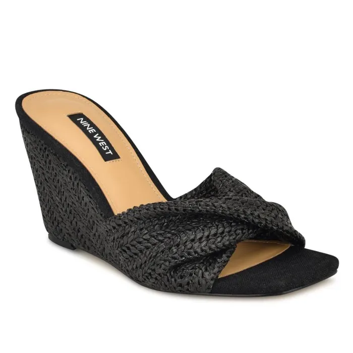 Nikhil Twist Wedge Sandals Black Raffia Women Nine West Sandals