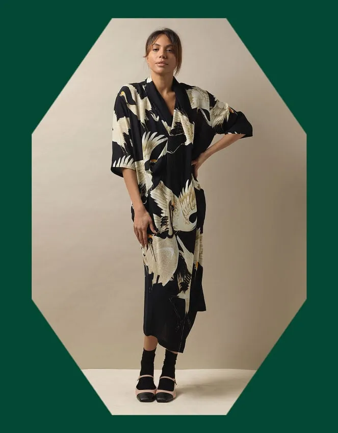 One Hundred Stars Stork Print Dress Black Women Monsoon Dresses