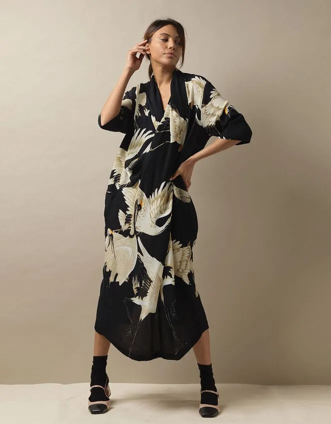 One Hundred Stars Stork Print Dress Black Women Monsoon Dresses