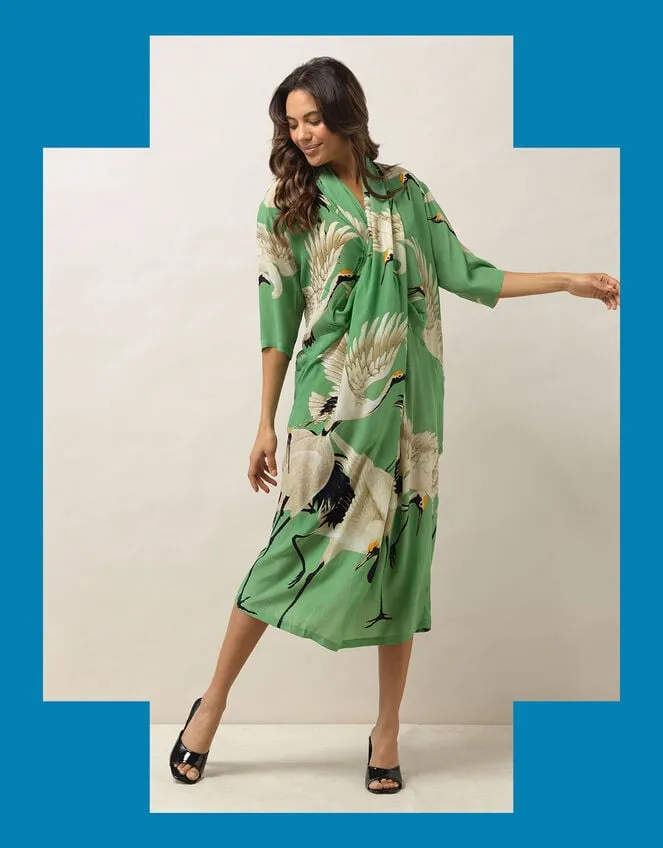 One Hundred Stars Stork Print Dress Green Women Monsoon Dresses