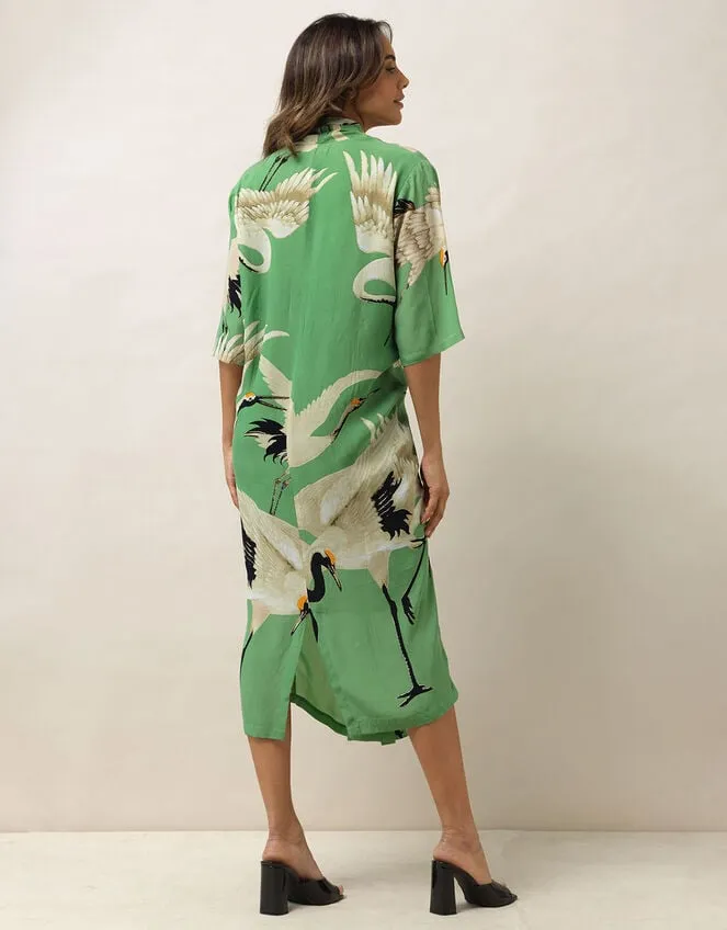 One Hundred Stars Stork Print Dress Green Women Monsoon Dresses