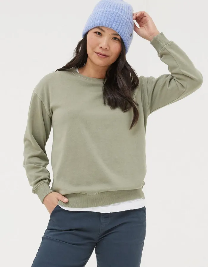 Organic Cotton Georgia Crew Sweatshirt Sage Green Women FatFace Nightwear and Loungewear