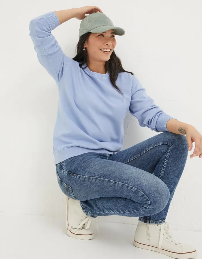 Organic Cotton Georgia Crew Sweatshirt Washed Blue Women FatFace Nightwear and Loungewear