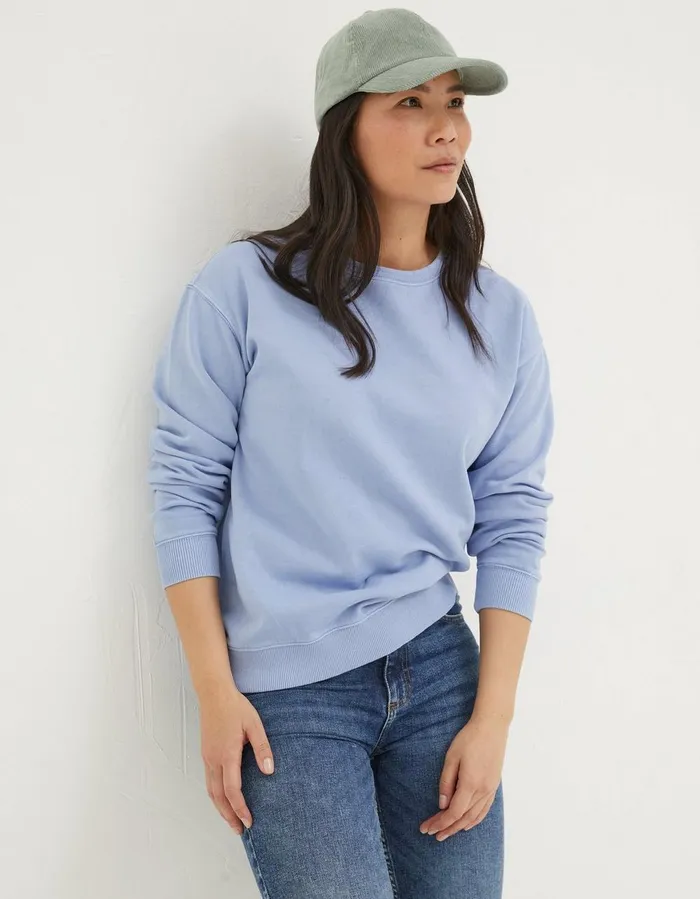 Organic Cotton Georgia Crew Sweatshirt Washed Blue Women FatFace Nightwear and Loungewear