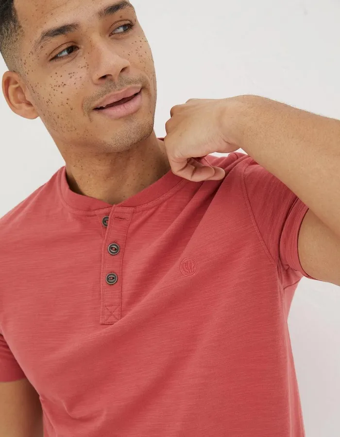 Organic Cotton Woodside Slub Henley Coral Pink Men FatFace TShirts
