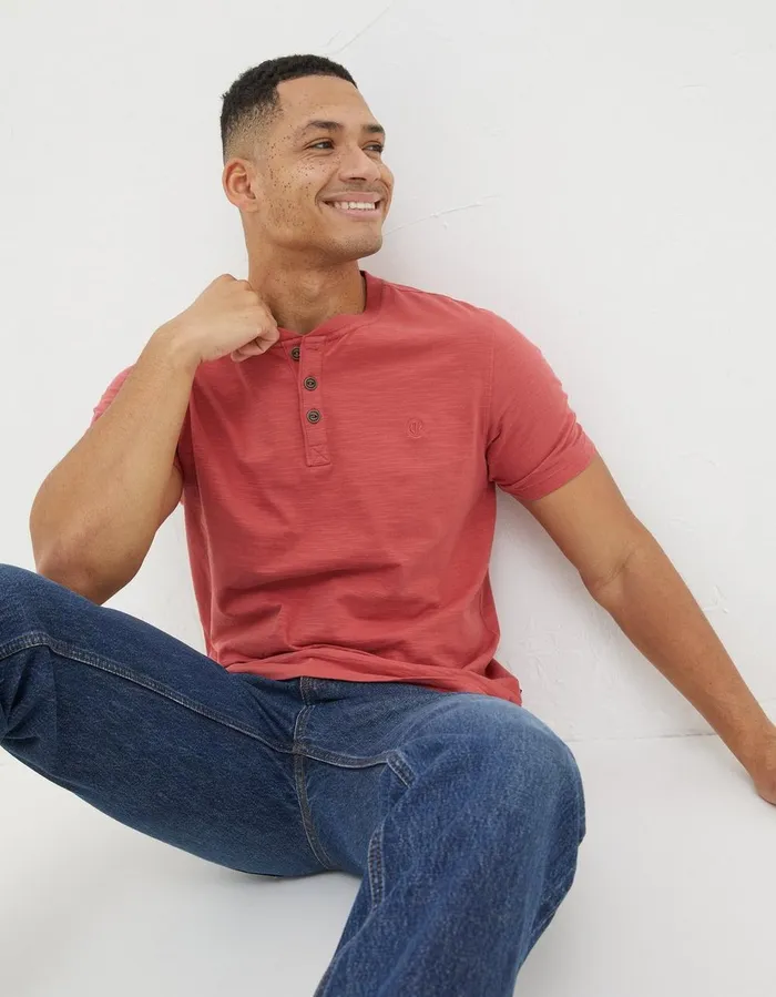 Organic Cotton Woodside Slub Henley Coral Pink Men FatFace TShirts