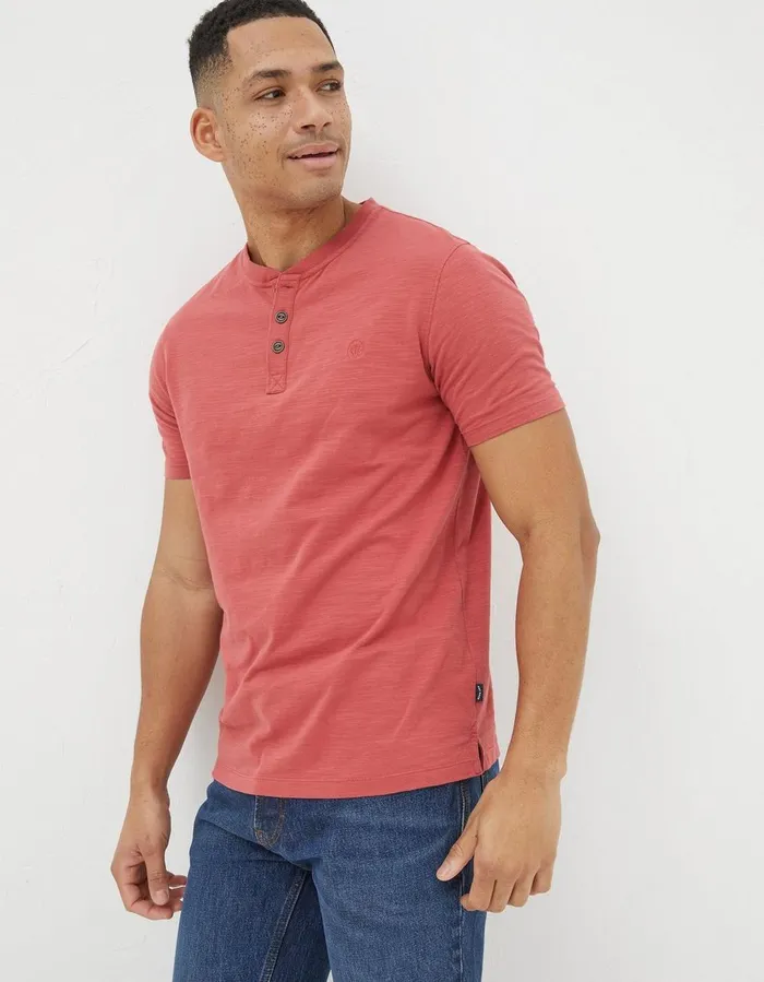 Organic Cotton Woodside Slub Henley Coral Pink Men FatFace TShirts