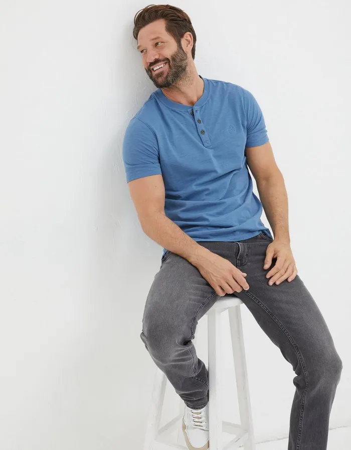 Organic Cotton Woodside Slub Henley Light Denim Blue Men FatFace TShirts