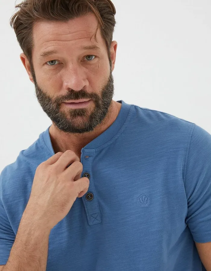 Organic Cotton Woodside Slub Henley Light Denim Blue Men FatFace TShirts