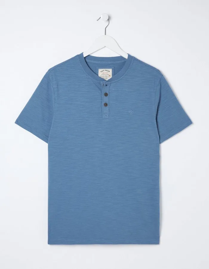 Organic Cotton Woodside Slub Henley Light Denim Blue Men FatFace TShirts