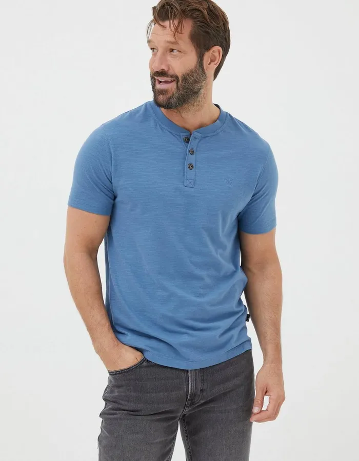 Organic Cotton Woodside Slub Henley Light Denim Blue Men FatFace TShirts