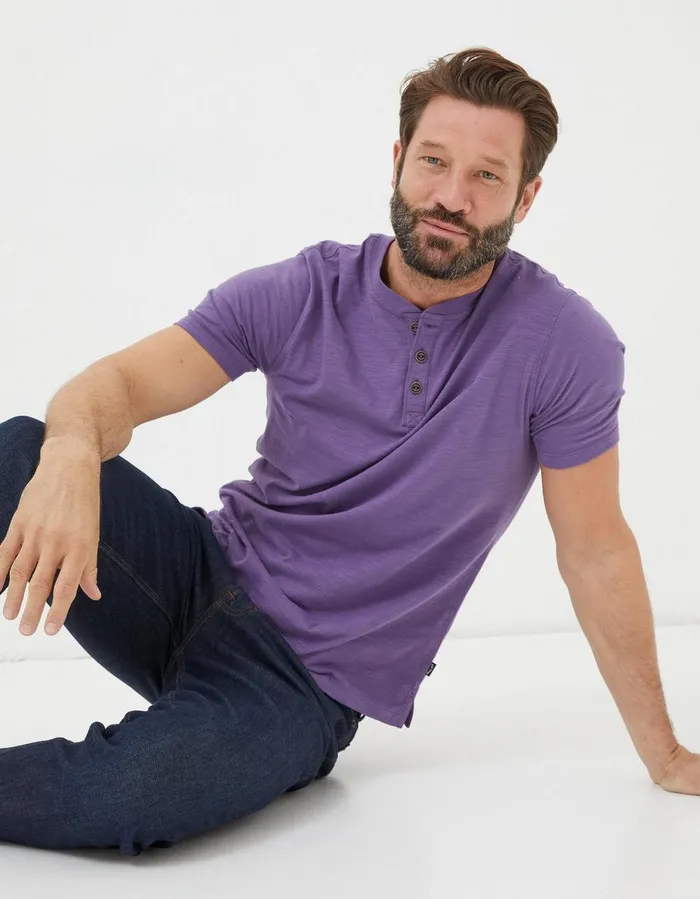Organic Cotton Woodside Slub Henley Purple Men FatFace TShirts