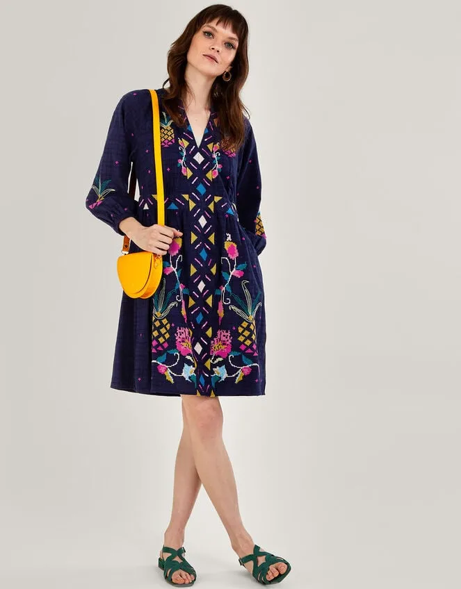 Pineapple Embroidered Dress Blue Women Monsoon Dresses