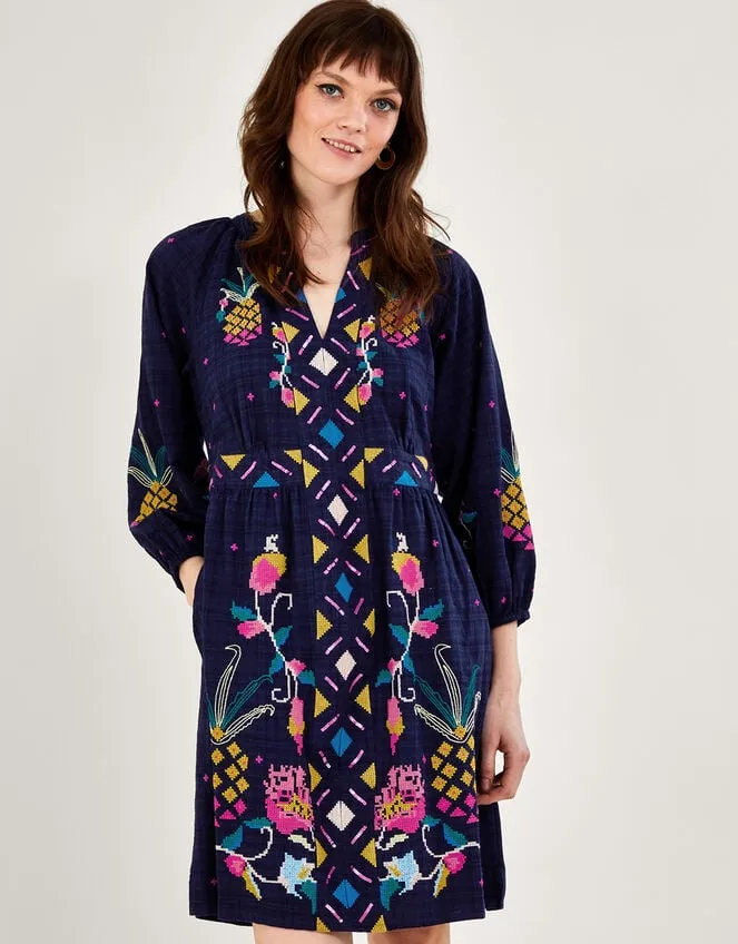 Pineapple Embroidered Dress Blue Women Monsoon Dresses