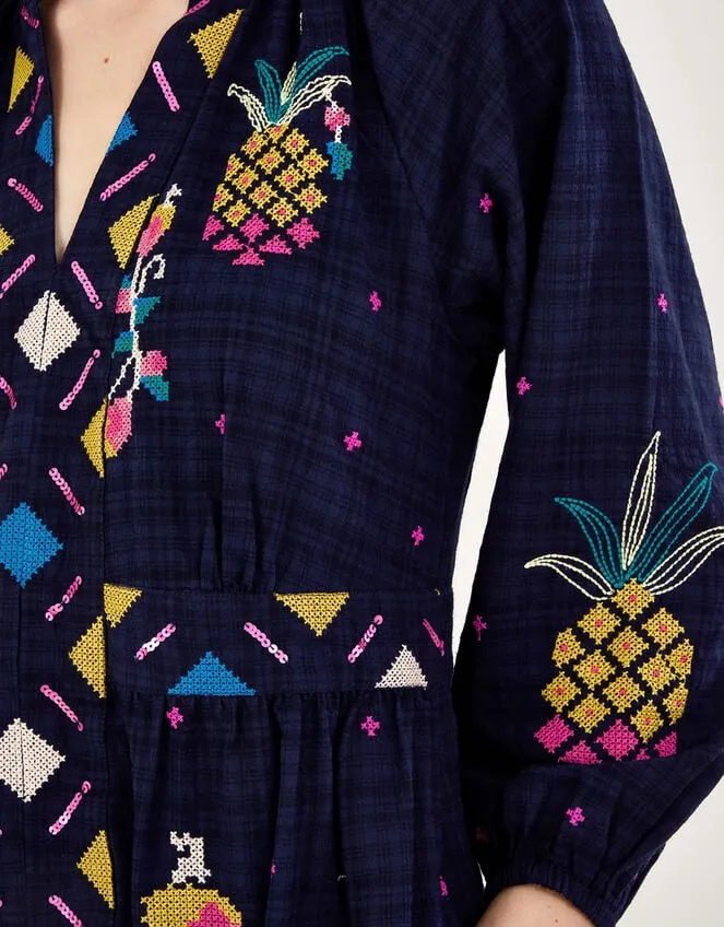 Pineapple Embroidered Dress Blue Women Monsoon Dresses