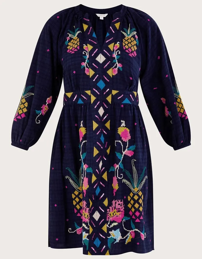 Pineapple Embroidered Dress Blue Women Monsoon Dresses