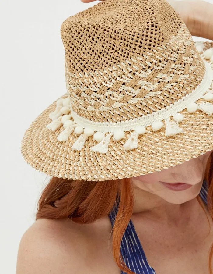 Pom Pom Fedora Hat Natural Women FatFace Hats