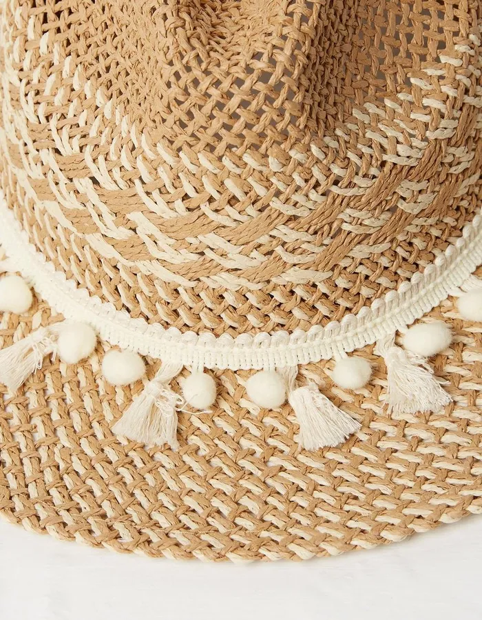 Pom Pom Fedora Hat Natural Women FatFace Hats