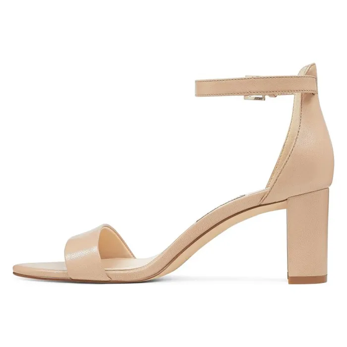 Pruce Ankle Strap Block Heel Sandals Barely Nude Leather Women Nine West Heels