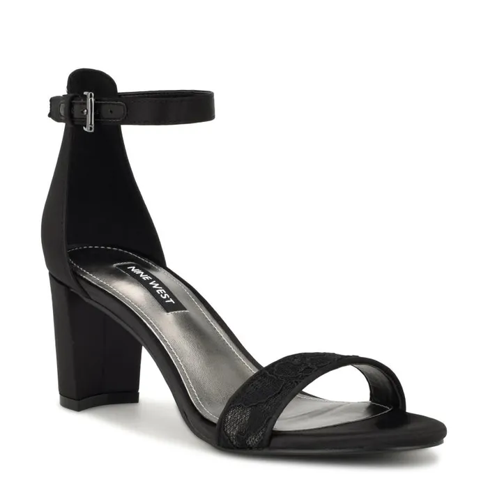 Pruce Ankle Strap Block Heel Sandals Black Lace Women Nine West Heels