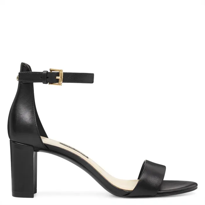 Pruce Ankle Strap Block Heel Sandals Black Leather Women Nine West Sandals