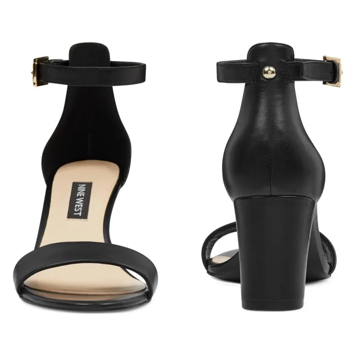Pruce Ankle Strap Block Heel Sandals Black Leather Women Nine West Sandals